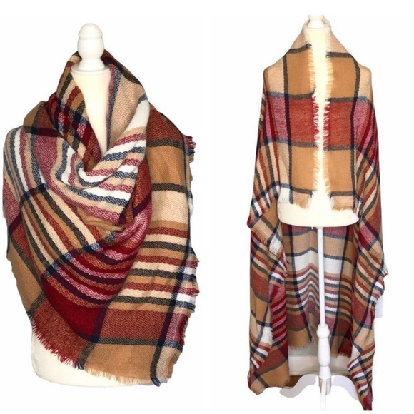 Source Unknown Accessories - Tartan Plaid Oversized Blanket Scarf in Autumn Colors (Red/Brown/Black/White)